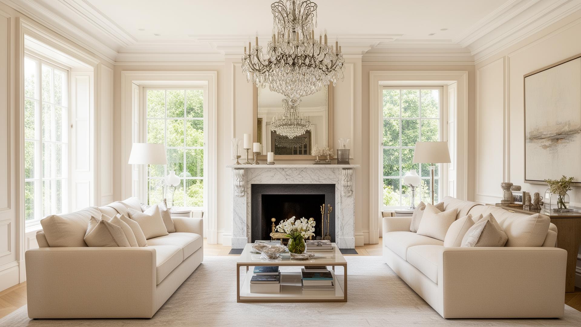 Luxury living room with marble fireplace and chandelier